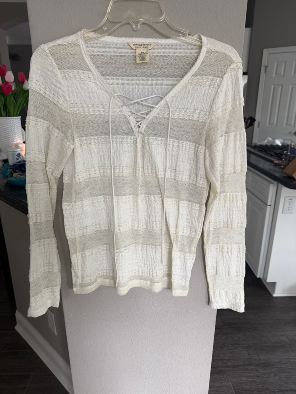 Ralph Lauren Denim & Supply Lace-Up V-Neck Striped Knit Top in Cream